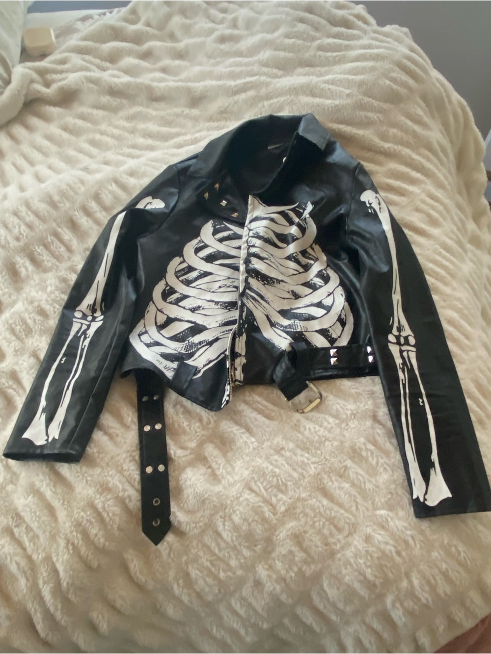 Spirit Black Faux Leather Skeleton Print Moto Jacket